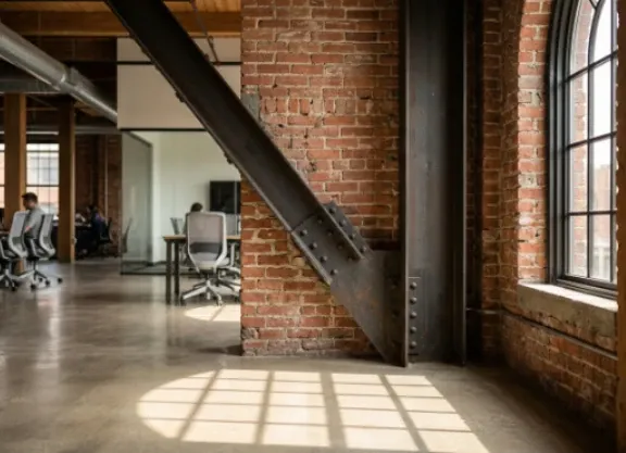 Living area with brick wall.
